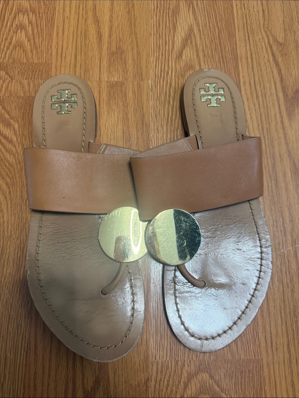 Tory Burch Tan Leather Thong Sandals with Gold Discs